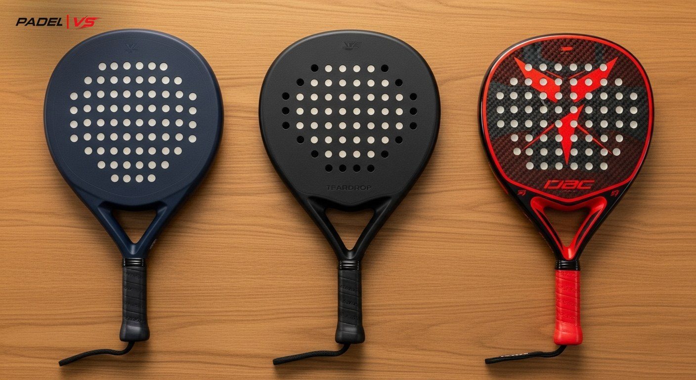 Tres formas de pala de pádel: redonda, lágrima y diamante
