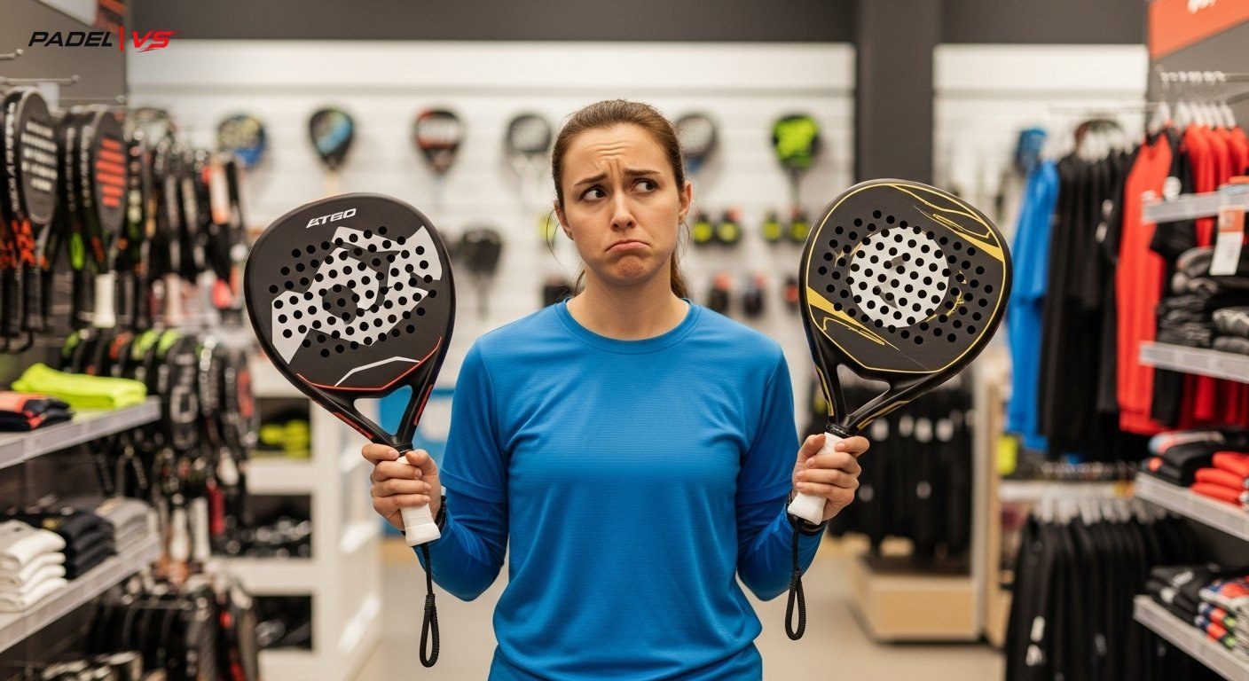 Principiante dudando entre dos palas de pádel en una tienda