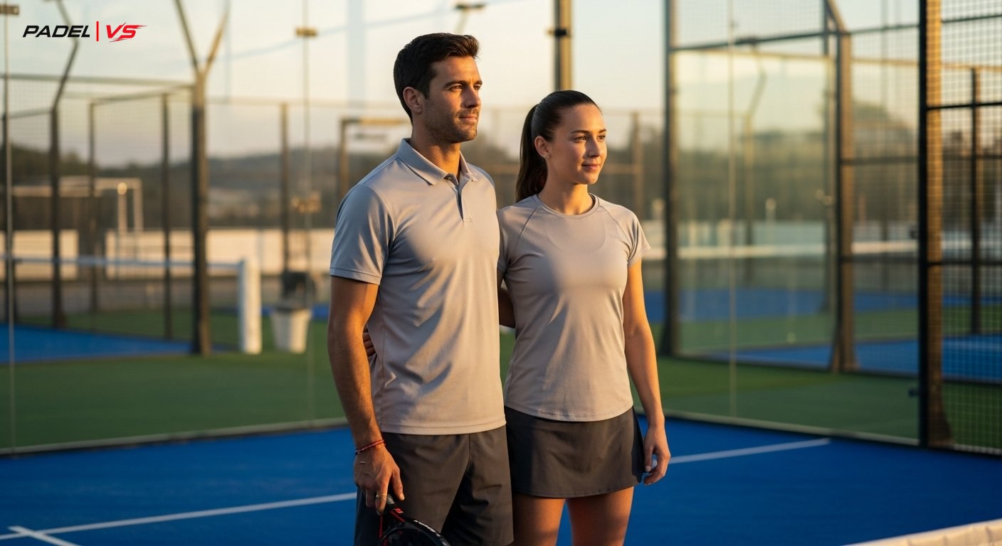 Pareja de pádel mirando juntos hacia la pista — confianza