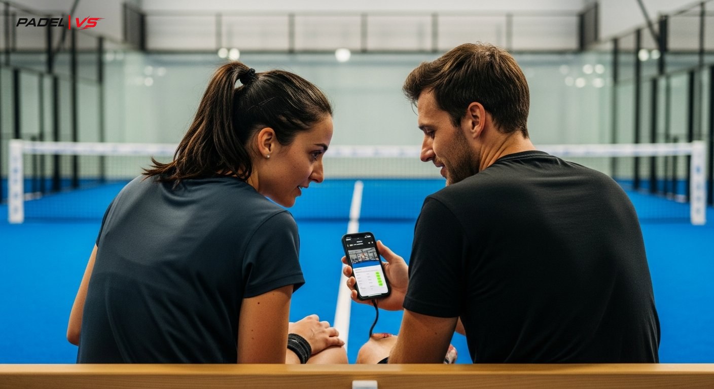 Pareja de pádel haciendo análisis post-partido juntos