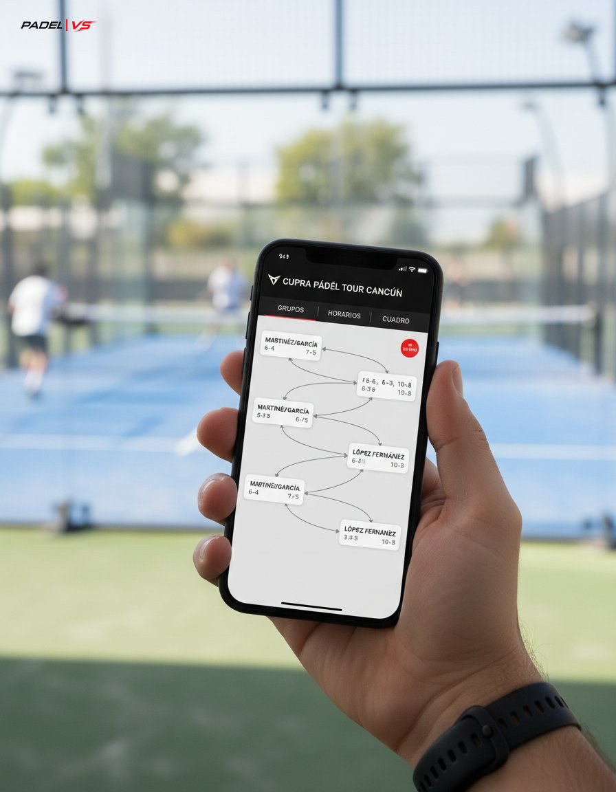 Smartphone con el bracket del Cupra Padel Tour Cancun