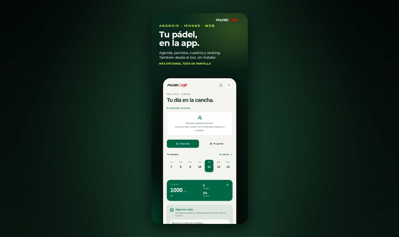 PADEL VS en Android, iPhone y app web: agenda, partidos, cuadros y ranking