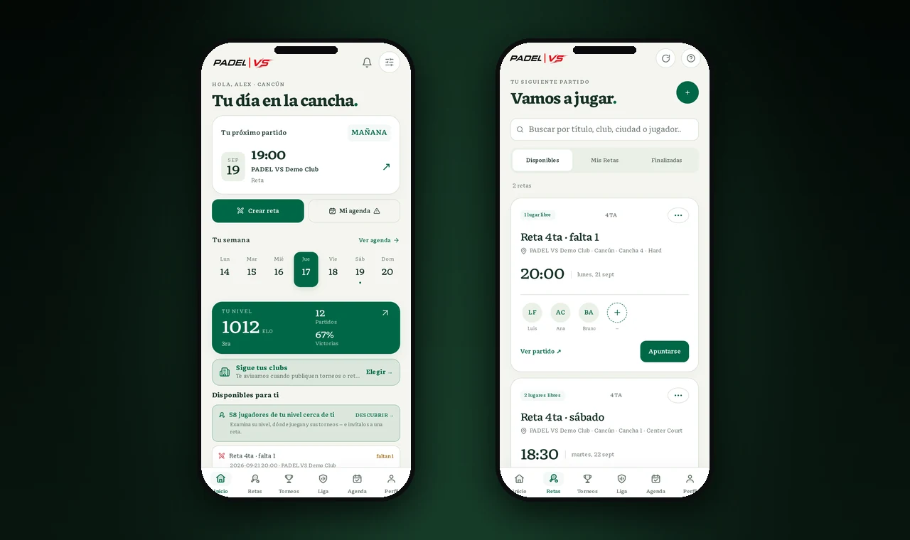 La app de PADEL VS: tu próximo partido, tu nivel y el tablón de retas abiertas