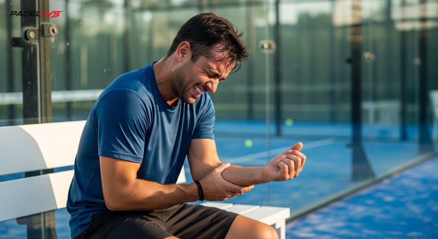 Jugador de pádel con dolor en el codo — lesión típica