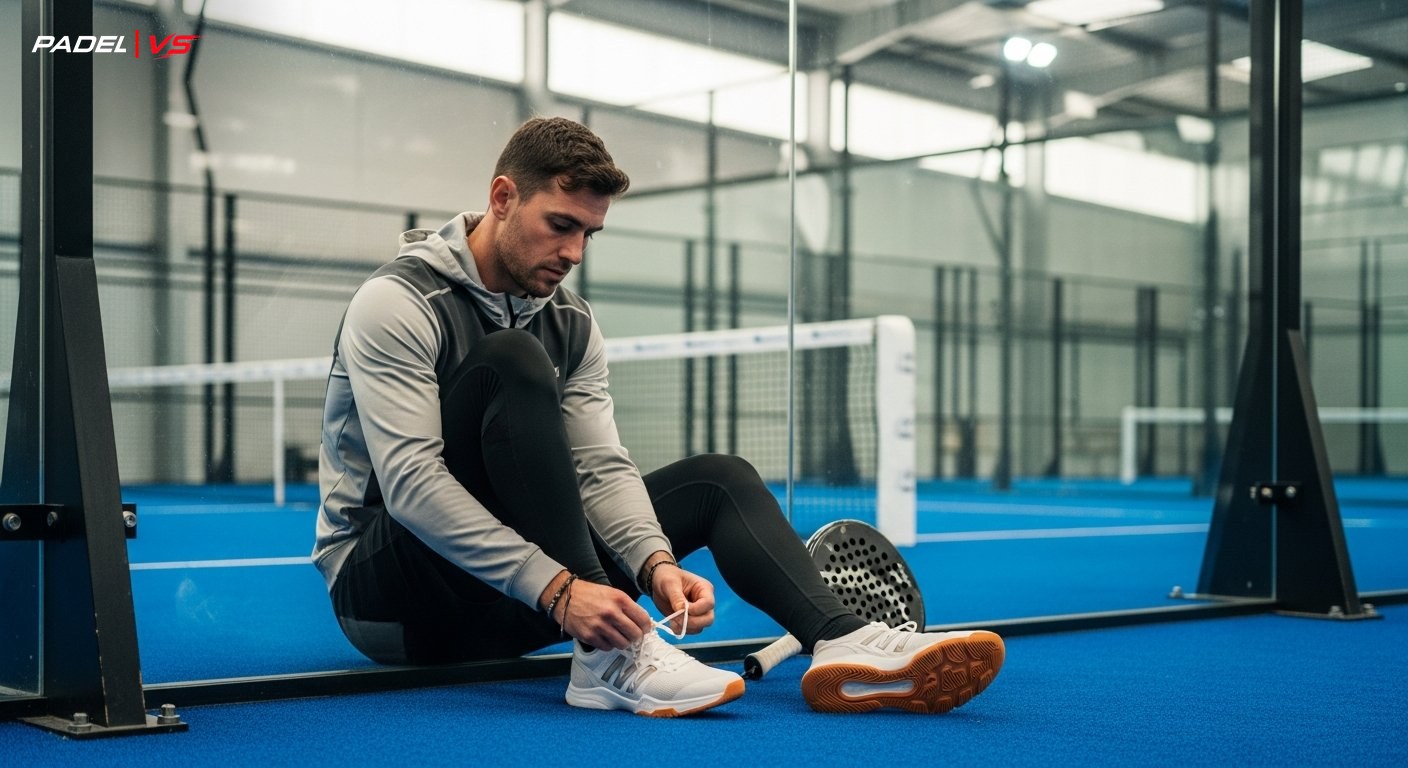 Jugador atándose las zapatillas antes de entrar a la pista de pádel