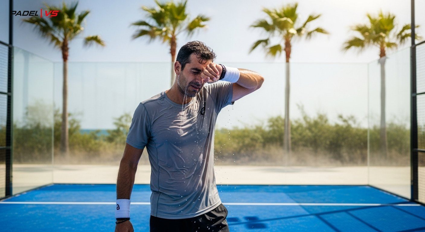 Jugador sufriendo el calor en una pista de pádel al aire libre