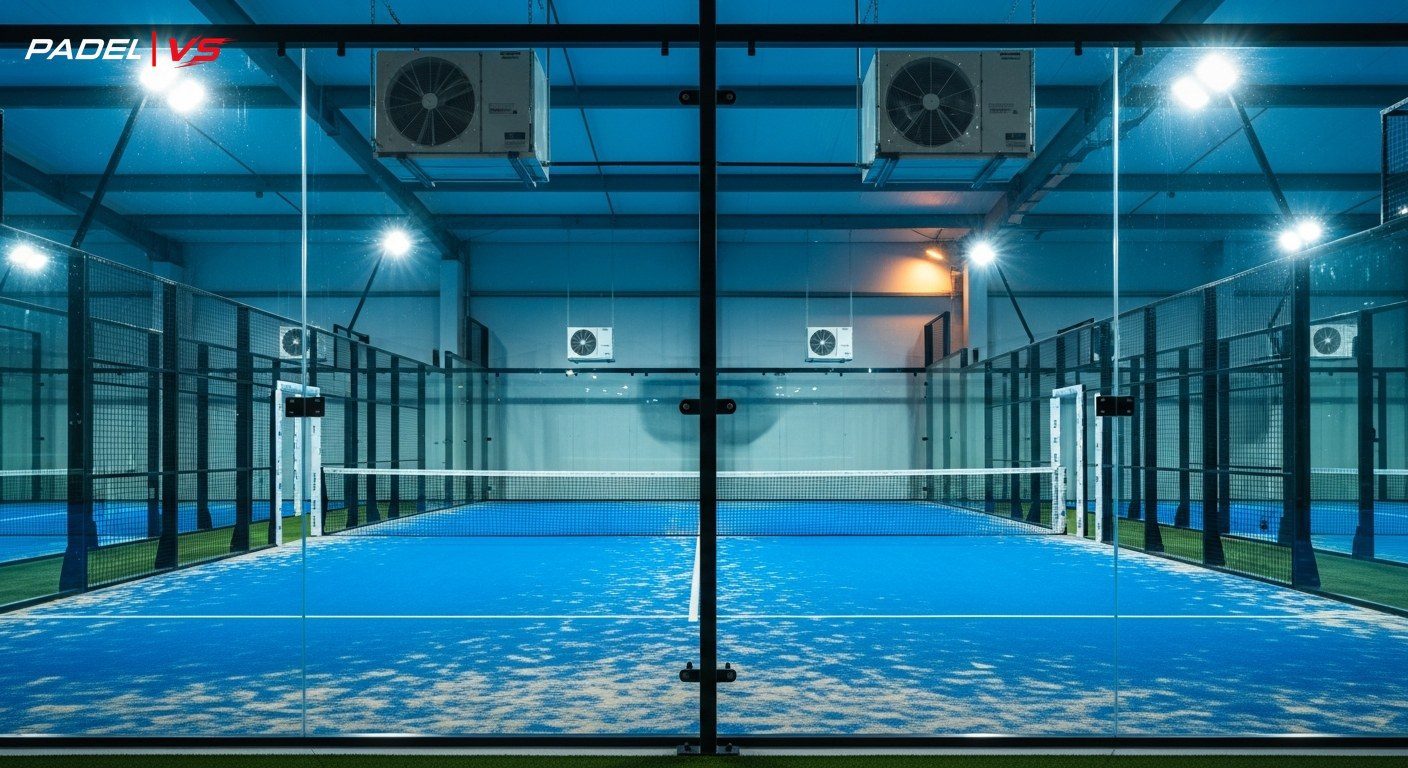 Jugador rematando en una pista indoor climatizada
