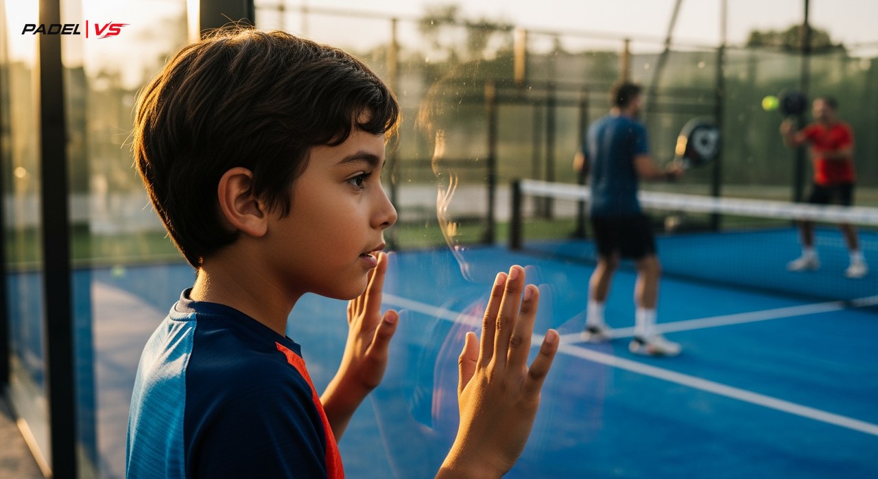 Niño aprendiendo pádel con su entrenador en cancha