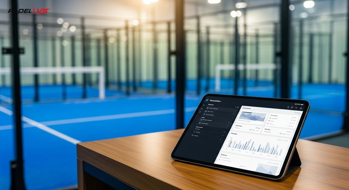 Panel de gestión de club de pádel en tablet — dashboard moderno