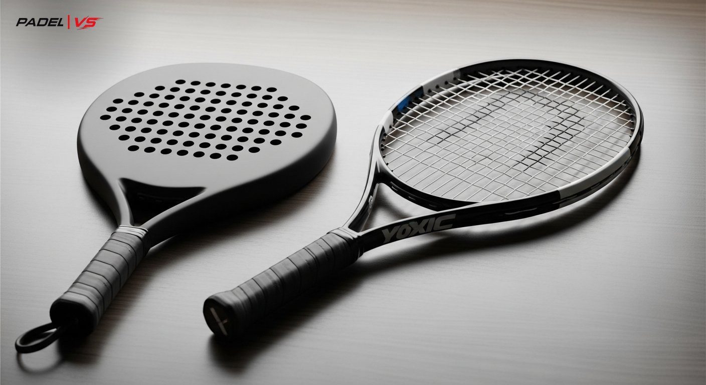 Pala de pádel junto a raqueta de tenis — comparación de equipamiento