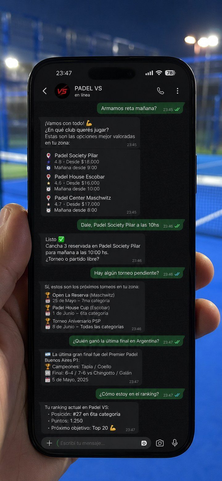 Bot de WhatsApp PADEL VS respondiendo consultas naturales