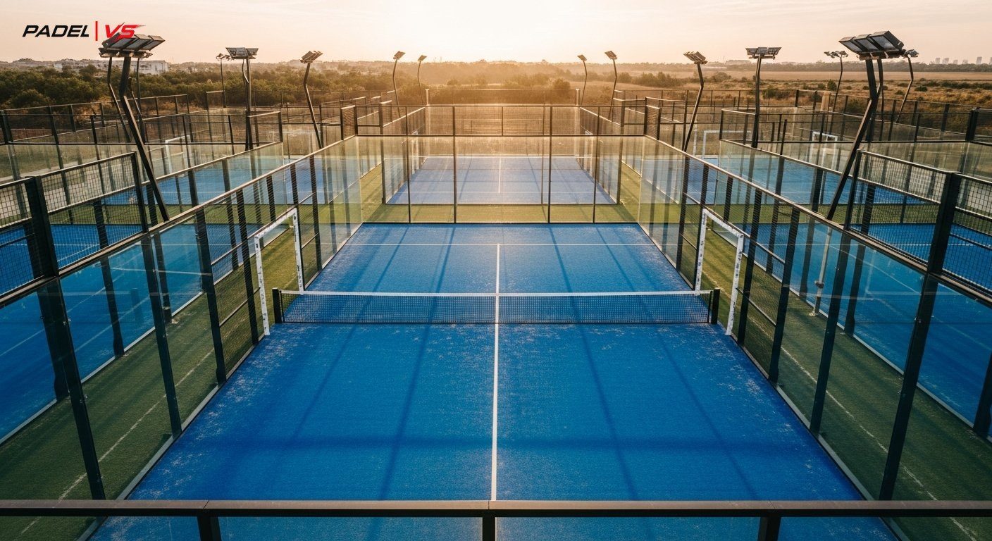 Vista aérea de una pista de pádel reglamentaria 20×10m